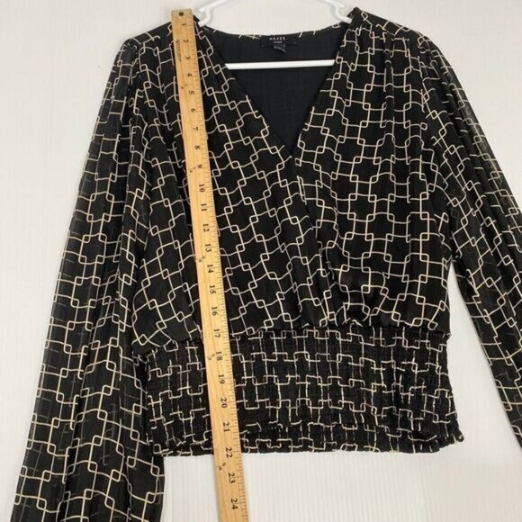 HAVER LONDON Black/Gold Geo Chains VNeck Elastic Cuffs Ruched Waist Blouse Large - Picture 9 of 15